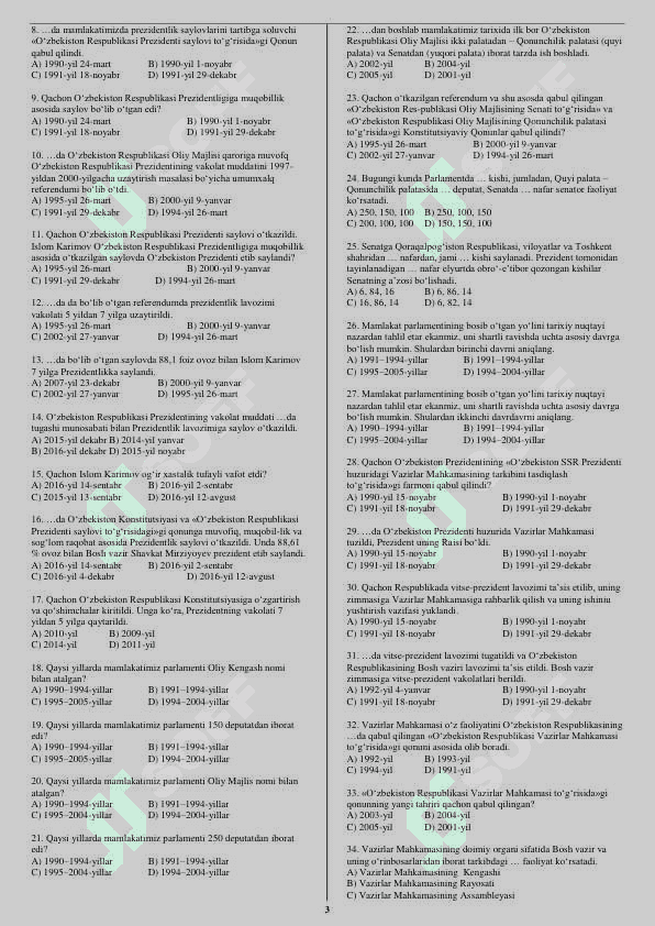 11-sinf O'zbekiston tarixidan mavzulashtirilgan testlar 3