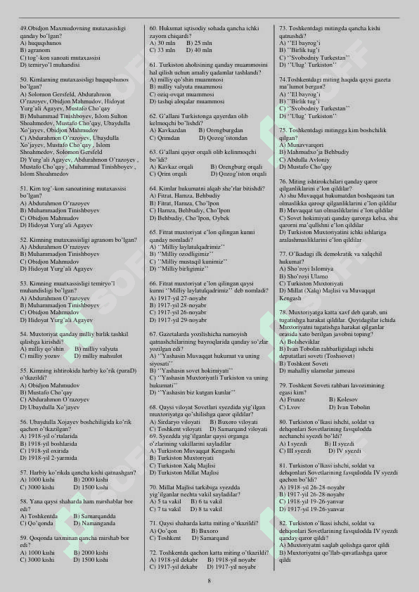 10-sinf o'zbekiston tarixidan mavzulashtirilgan testlar 8