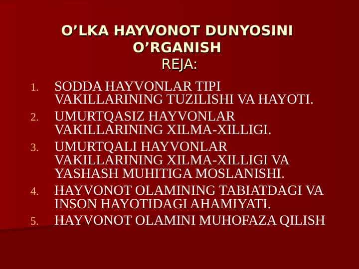 O’LKA HAYVONOT DUNYOSINI  O’RGANISH