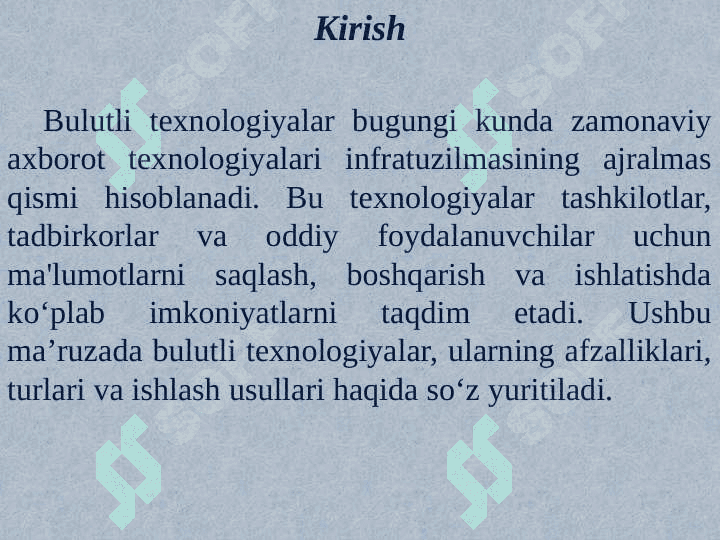 Bulutli texnologiyalar va ular bilan ishlash. Blokcheyn texnologiyasi va undan foydalanish yo‘llari. Elektron biznes va Mobil-tijorat. Axborot  xavfsizligini ta’minlash usullari 3