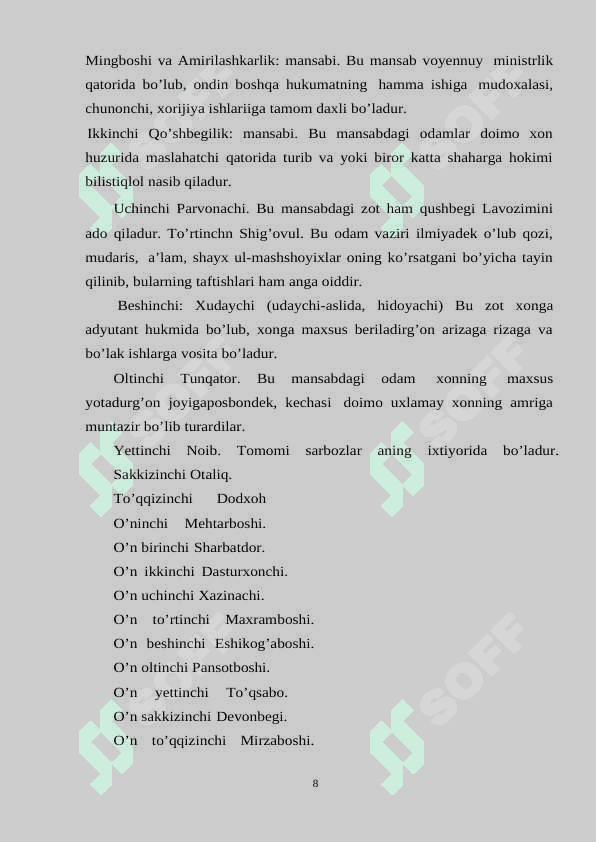 QUQON XONLIGI DAVLAT BOSHQARUVIDA MANSAB VA UNVONLAR 8