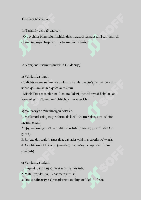 Elektron jadvalga qoʻllanadigan validatsiya ( Dars ishlanmasi ) 2