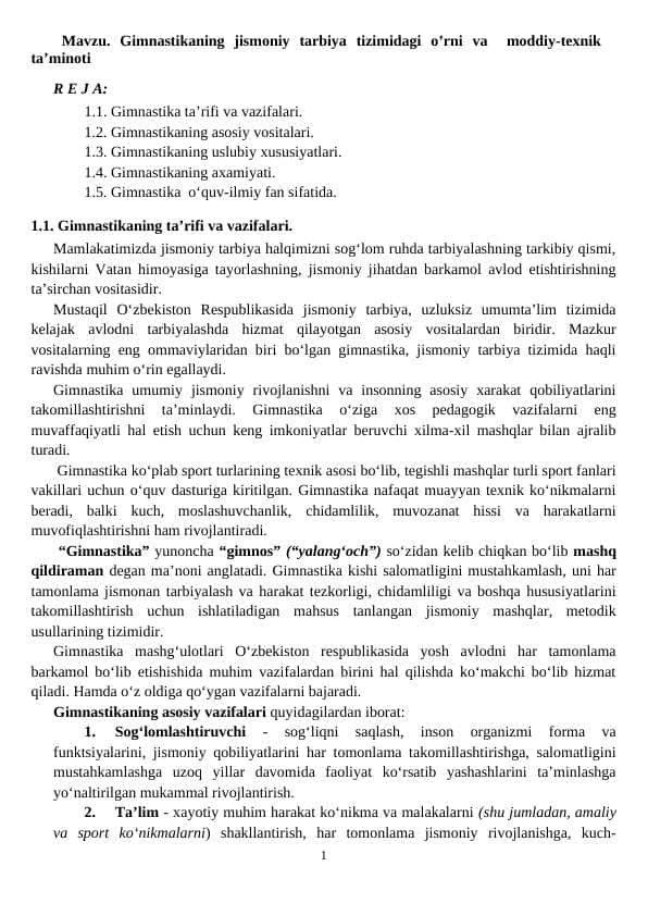 Gimnastikaning jismoniy tarbiya tizimidagi o’rni va  moddiy-texnik ta’minoti