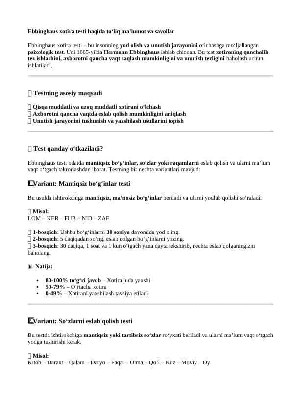 Ebbinghaus xotira testi haqida to‘liq ma’lumot va savollar