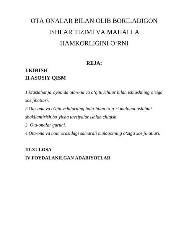OTA ONALAR BILAN OLIB BORILADIGON ISHLAR TIZIMI VA MAHALLA HAMKORLIGINI OʻRNI