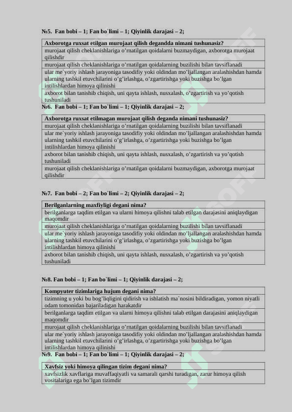 AXBOROT XAVFSIZLIGI FANIDAN TEST 200TA TEST 2
