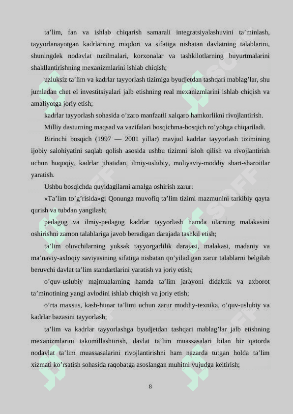 Kadrlar tayyorlash milliy dasturida ilm-fan va ishlab chiqarishning integratsiyalashuvi K 8