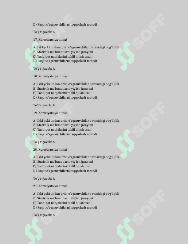 Korrelyatsiya tushunchasi va uning psixologik tadqiqotlardagi o‘rni. Spirmen korrelyatsiyasi. 100 TA TEST JAVOBLARI BILAN 4