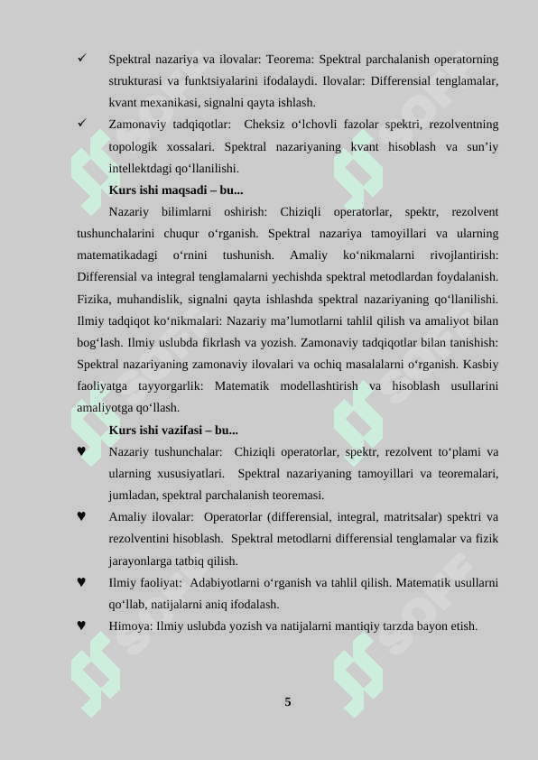 Chiziqli operatorlar spektri va rezareventr to‘plam 5