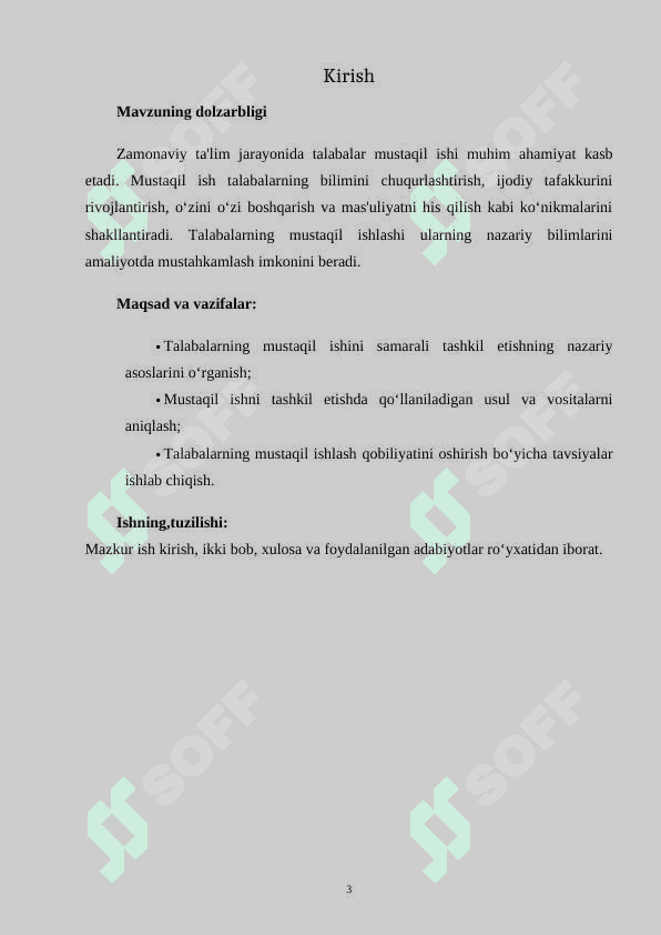Talabalar mustaqil ishini tashkil etish KURS ISHI 3