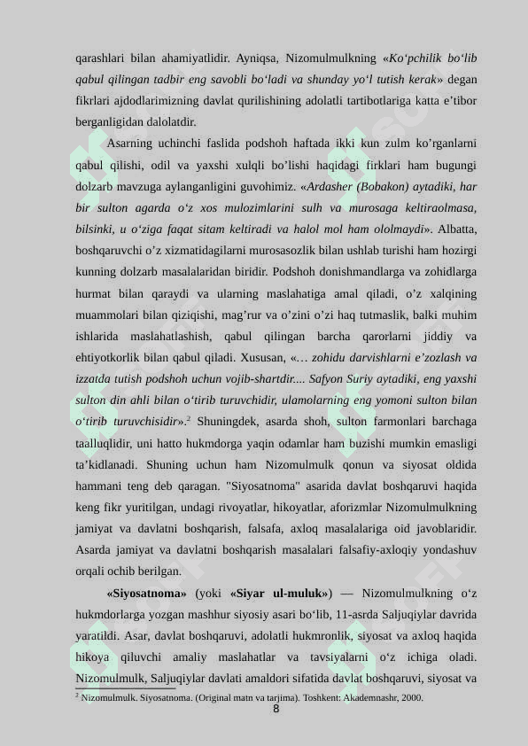 Nizomulmulk "Siyosatnoma" asari manba sifatida 8