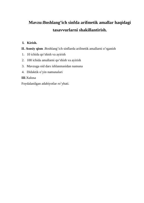 Boshlang’ich sinfda arifmetik amallar haqidagi tasavvurlarni shakillantirish