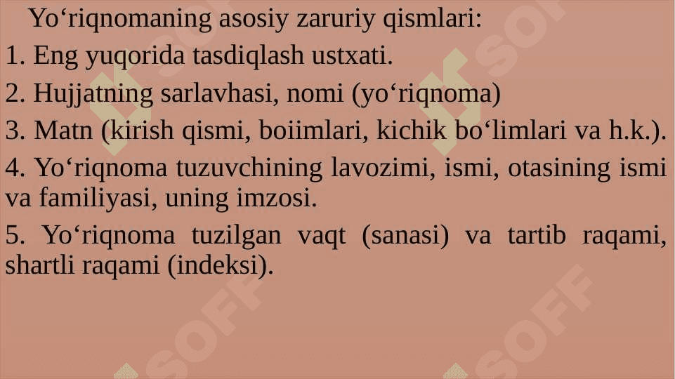 Tashkiliy hujjatlarning turlari, xususiyati.Kasbiy faoliyatga oid  yo‘riqnoma, nizom,  shartnoma namunalarini yozish 8
