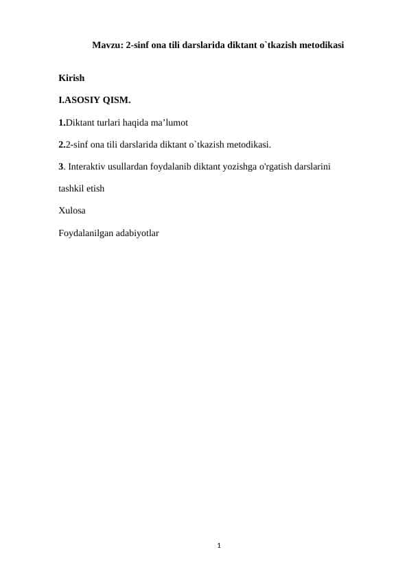 2-sinf ona tili darslarida diktant o`tkazish metodikasi