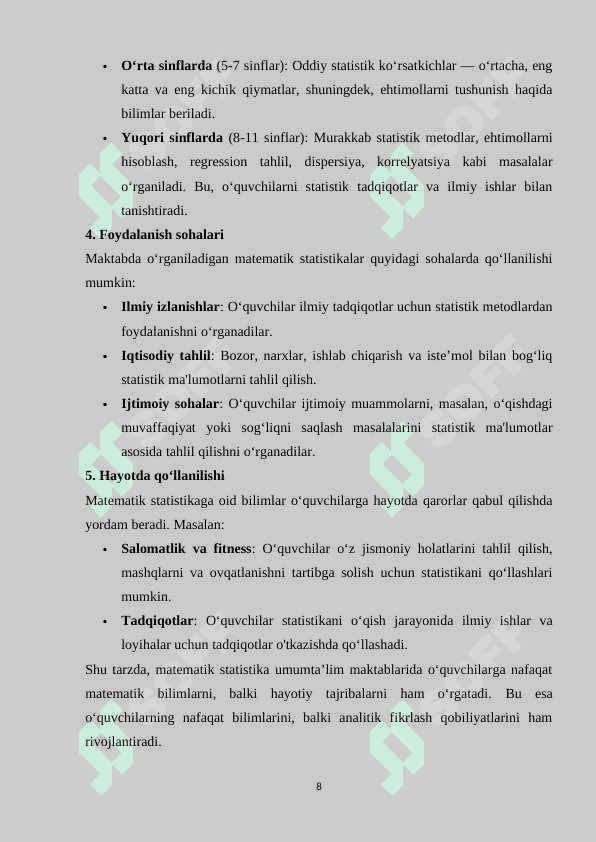 Matematik statistika  elementlarini o‘qitish metodikasi 8