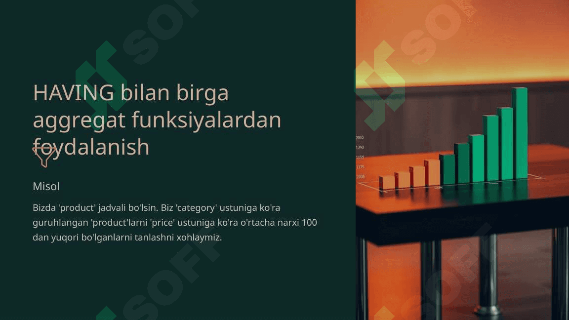 MYSQL DA GROUP BY, ORDER BY VA HAVING DAN FOYDALANIB SO'ROVLAR YARATISH. 8