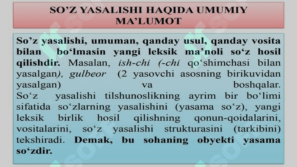 O'zbek tilida so'z yasalishi.Lugʻat va uning turlari 3