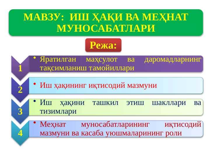 ИШ ҲАҚИ ВА МЕҲНАТ МУНОСАБАТЛАРИ