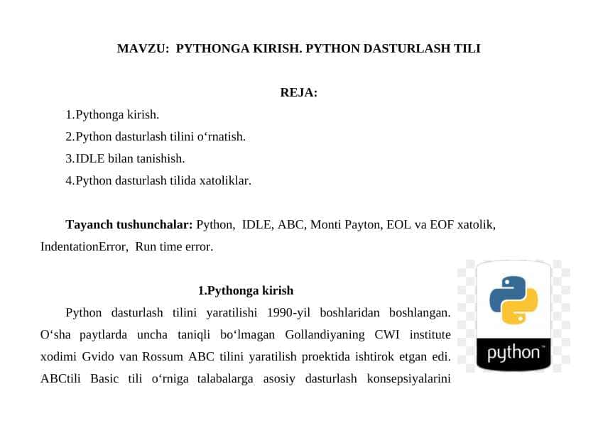 PYTHONGA kirish Python dasturlash tili