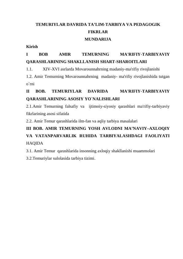 TEMURIYLAR DAVRIDA TAʼLIM-TARBIYA VA PEDAGOGIK FIKRLAR