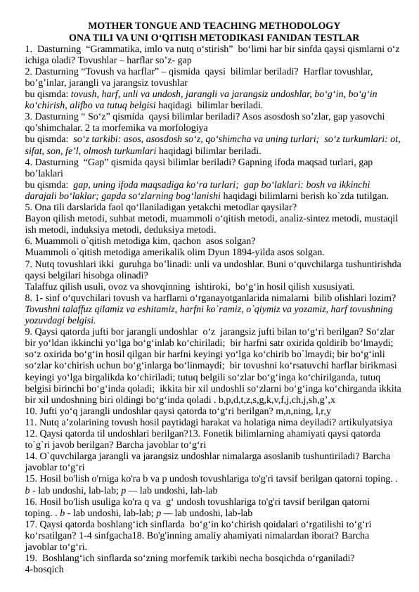 MOTHER TONGUE AND TEACHING METHODOLOGY ONA TILI VA UNI O‘QITISH METODIKASI FANIDAN TESTLAR