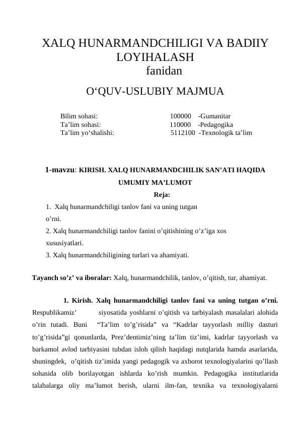 XALQ HUNARMANDCHILIGI VA BADIIY LOYIHALASH
