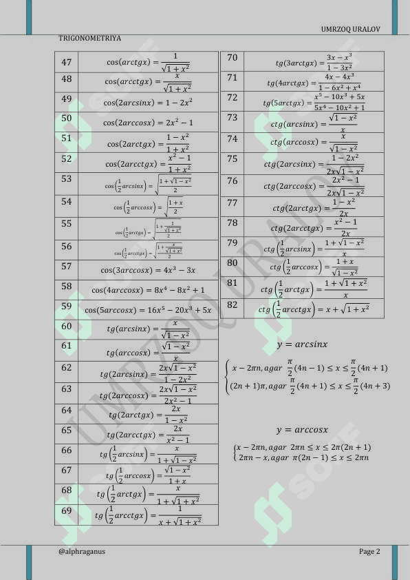 Teskari triganometrik formulalar 2