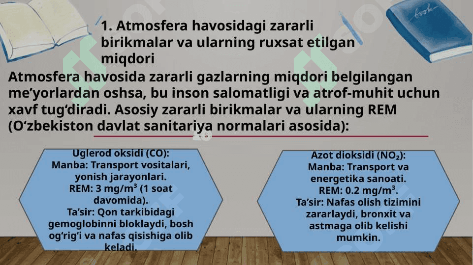 Atmosfera havosi, suv va tuproqda mavjud bolishi mumkin bolgan zararli birikmalar va ularni ruxsat etilgan miqdori 3