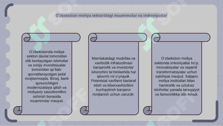 O'zbekiston Respublikasida moliya, pul va bank tizimi. Mudofaa va xavfsizlik. 6