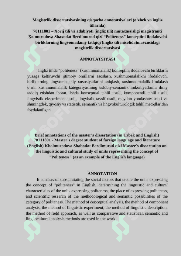 “POLITENESS” KONSEPTINI IFODALOVCHI BIRLIKLARNING LINGVOMADANIY TADQIQI (ingliz tili misolida) 2