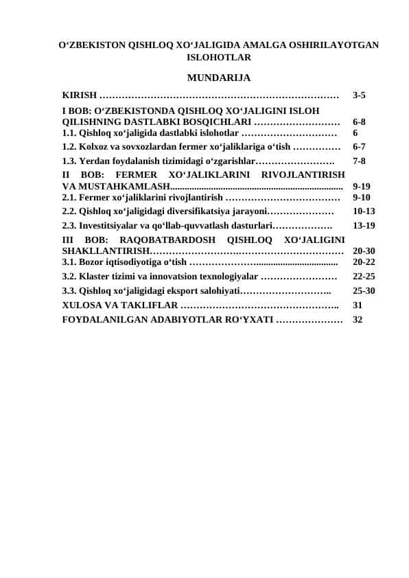 O‘ZBEKISTON QISHLOQ XO‘JALIGIDA AMALGA OSHIRILAYOTGAN ISLOHOTLAR