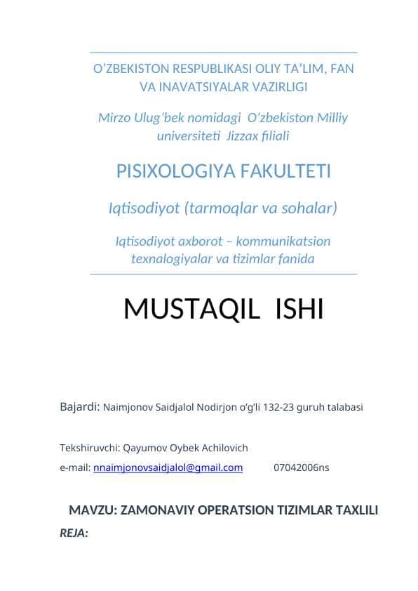 ZAMONAVIY OPERATSION TIZIMLAR TAXLILI