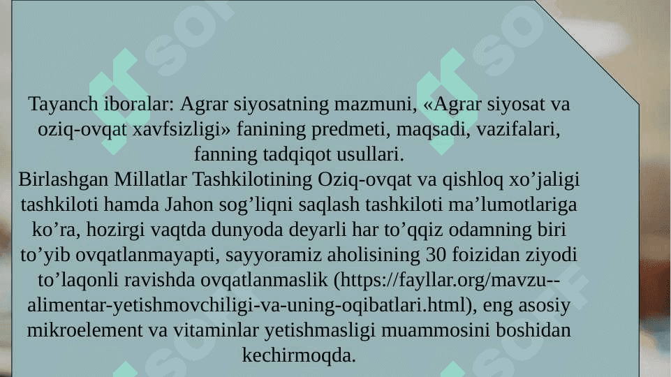 Agrar siyosat, oziq-ovqat ta'minoti va xafsizligi muammolari 2