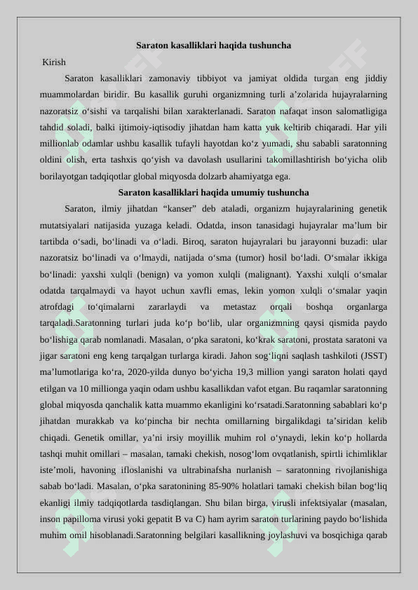 Saraton kasalliklari haqida tushuncha 2
