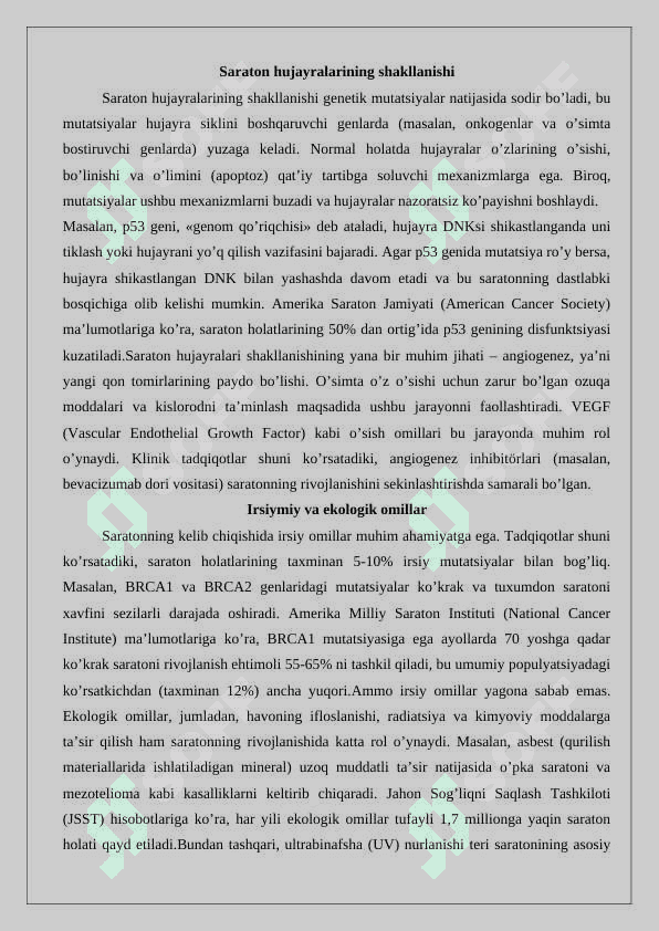 Saraton kasalliklari haqida tushuncha 5