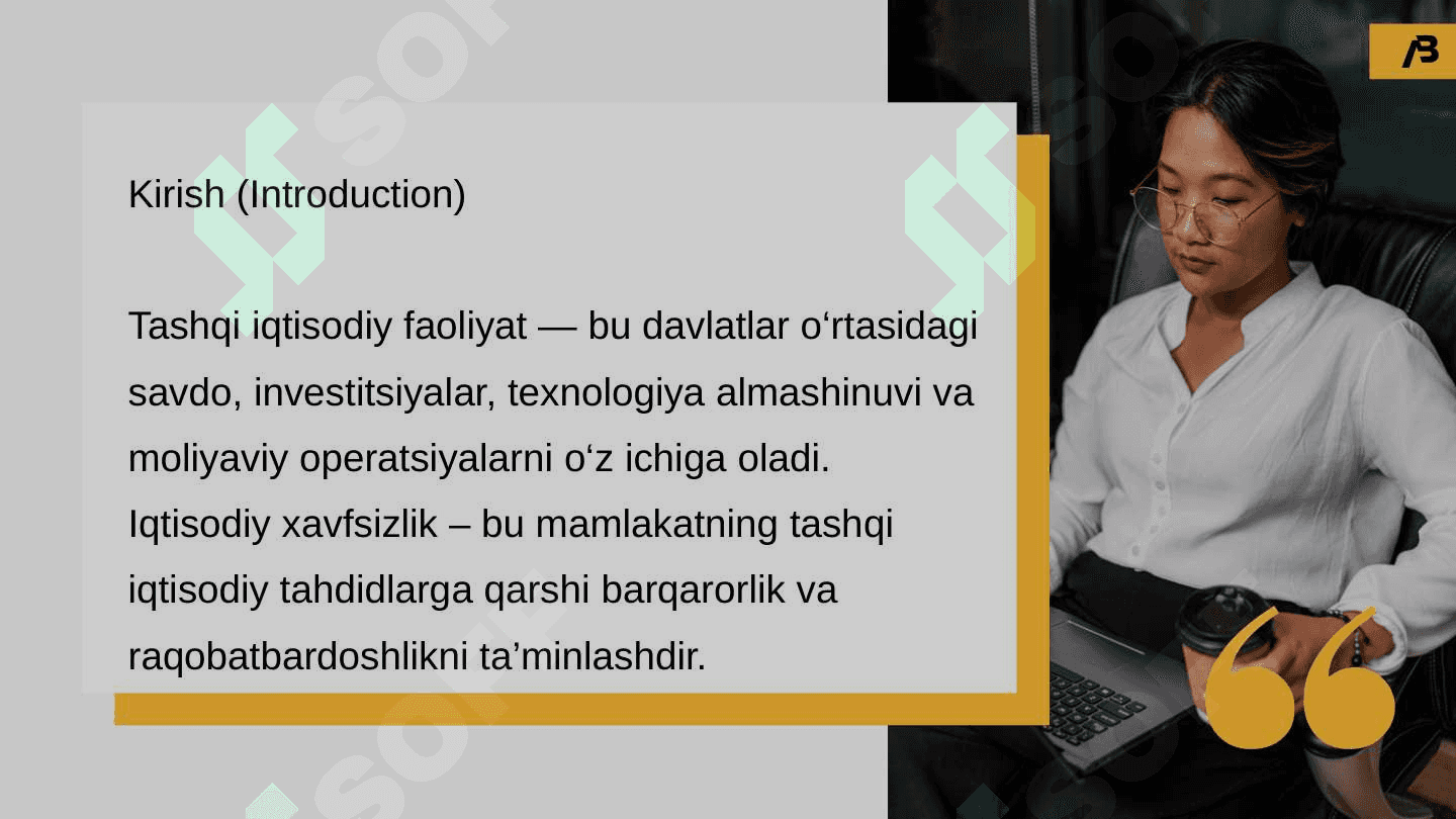 Tashqi iqtisodiy faoliyat sohasida iqtisodiy xavfsizlikni ta’minlash masalalari.  IQTISODIY XAVFSIZLIKNING UMUMIY TUSHUNCHASI TASHQI IQTISODIY FAOLIYAT VA IQTISODIY XAVFSIZLIK   TASHQI IQTISODIY FAOLIYATNING ASOSIY TAHDIDLARI  ENERGETIKA XAVFSIZLIGI MOLIYAVIY XAVFSIZLIK 3