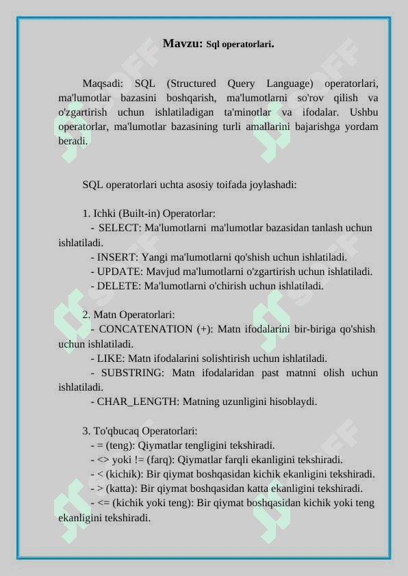 Sql operatorlari (Ma'lumotlar bazasi xavfsizligi) 2