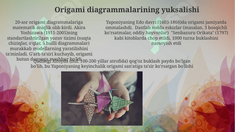 Origami san’atining rivojlanish tarixi.Origami usulida o‘yinchoq yasash.  Applikatsiya  haqida umumiy tushuncha .Applikatsiyada   qirqishni har xil usullarini bajarish.Pape- mashe usuli.Pape-mashe usulida o‘yinchoqlar  yasashKashtachilik tarixi .Kashta  turlari . Kashta  tayyorlash texnologiyasi.Kashta tikishda chok turlari .Bezakli va mazmunli kashtalar. Buyumlarni kashtalar bilan bezatish texnologiyasi. 4