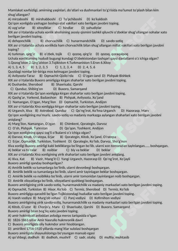 9-Sinf O’zbekiston Tarixidan Mavzulashtirilgan testlar 4