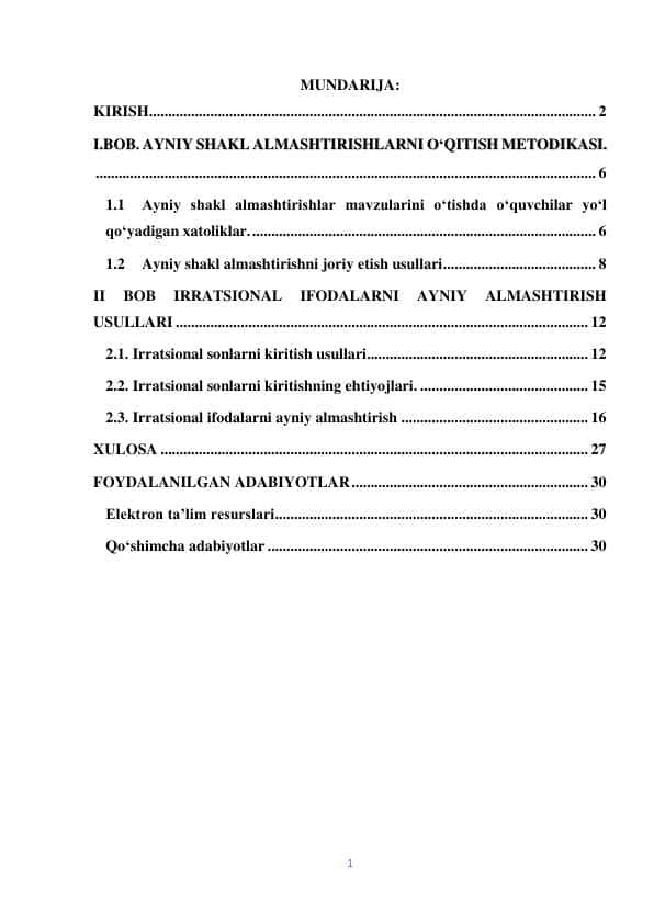 IRRATSIONAL IFODALARNI AYNIY ALMASHTIRISH METODLARI