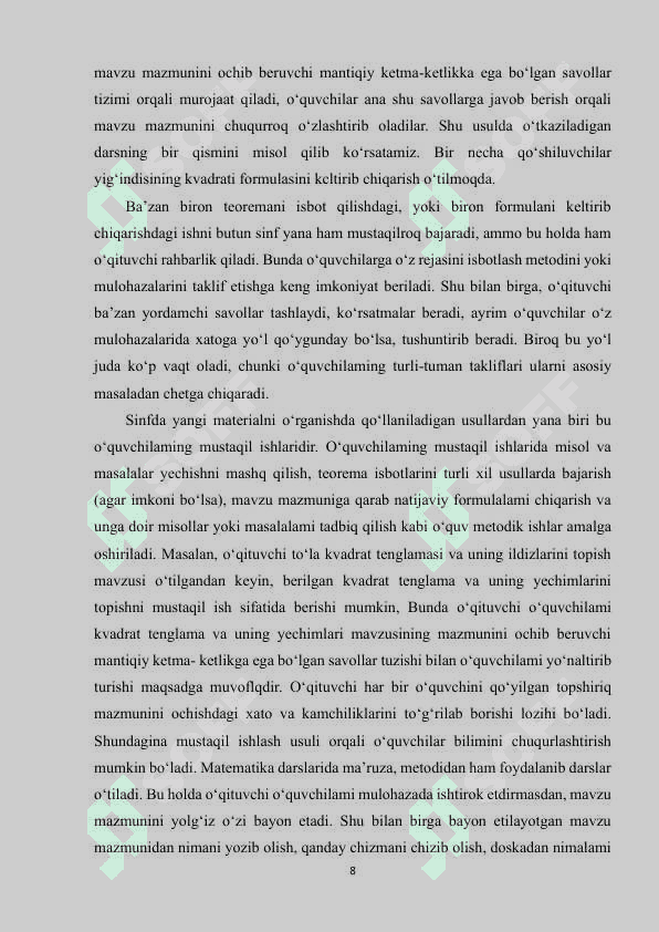 MATEMATIKA DARSLARINI TASHKIL ETISH FORMALARI 7