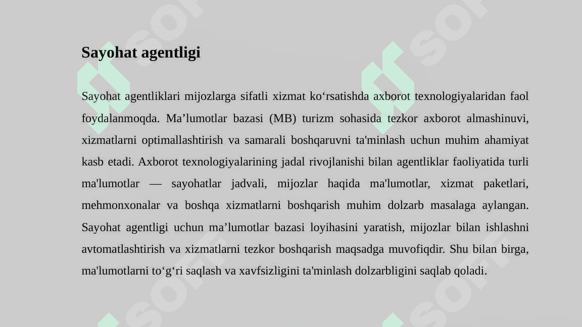 Sayohat Agentligi Ma'lumotlar Bazasini ishlab chiqish. 2