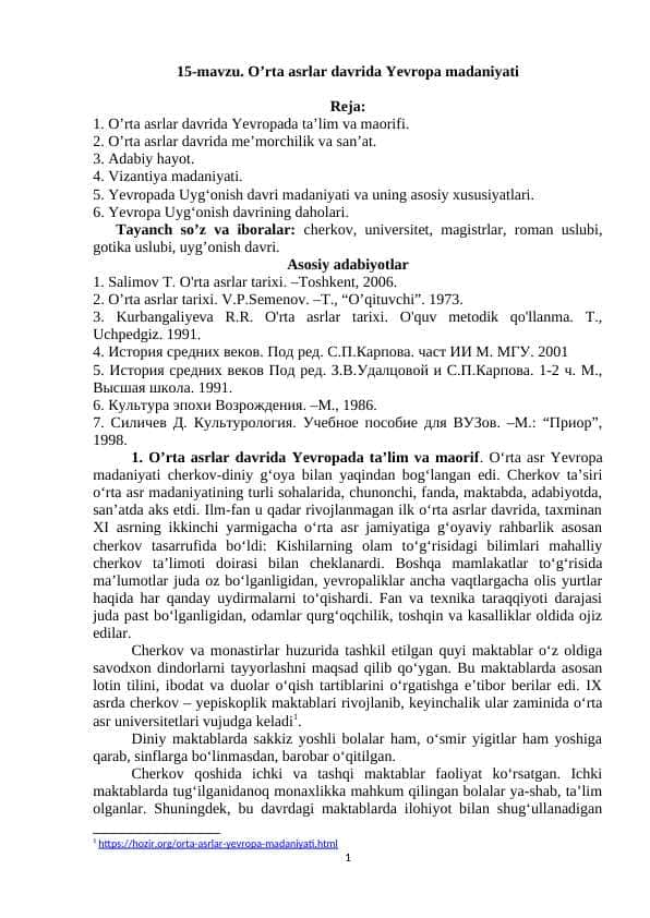 O’rta asrlar davrida Yevropa madaniyati