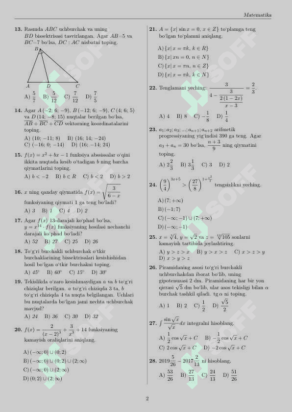 DTM spes matematika fanidan test 2