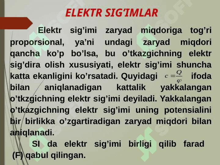 Elektr sig’imi. kondensatorlar. Kondensatorlarni ulash 2