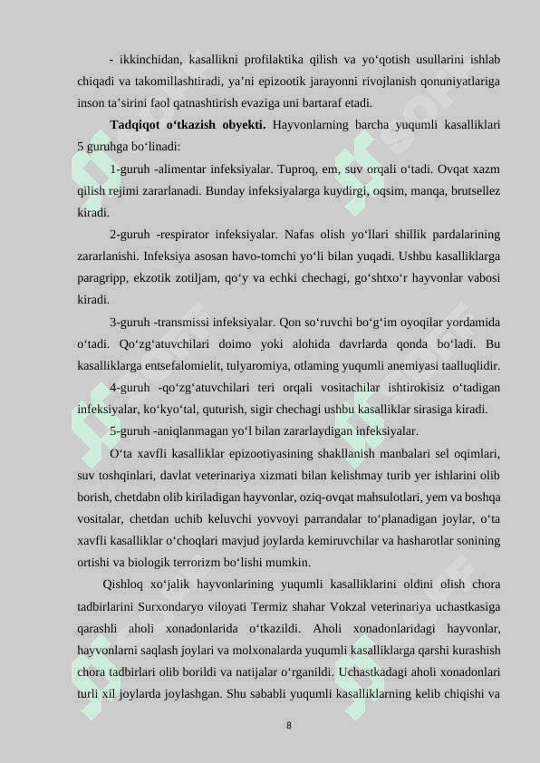 Qishloq xo‘jaligi hayvonlarining yuqumli kasalliklarini oldini olishda veterinariya-sanitariyasining asosiy turlari va bajarilishi 8