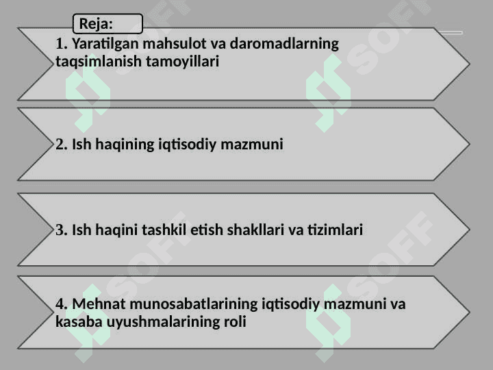 RAQOBATNING TURLI XIL SHAKLLARIDA ISH HAQINING SHAKLLANISHI.   YARATILGAN MAHSULOT VA DAROMADNING TAQSIMLANISHI. ISH HAQINING IQTISODIY MAZMUNI. ISH HAQINI TASHKIL ETISH SHAKLLARI VA TIZIMLARI. 2