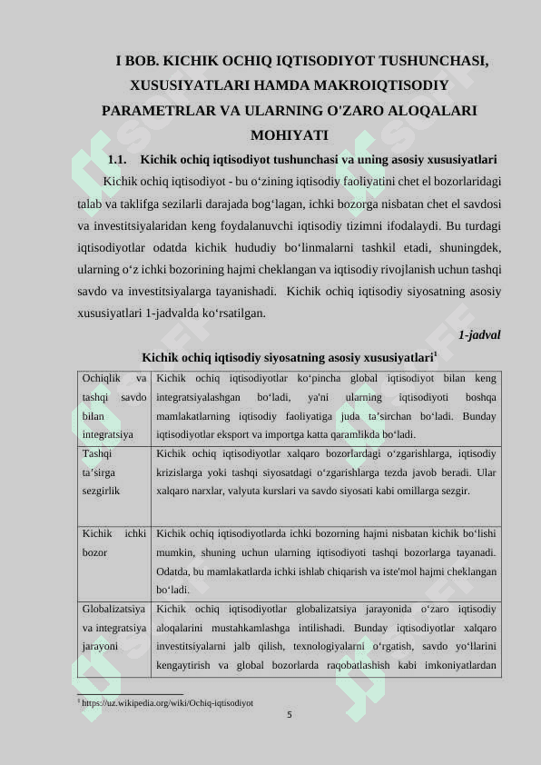 Kichik ochiq iqtisodiyot tushunchasi, xususiyatlari hamda makroiqtisodiy parametrlar va ularning o'zaro aloqalari 5