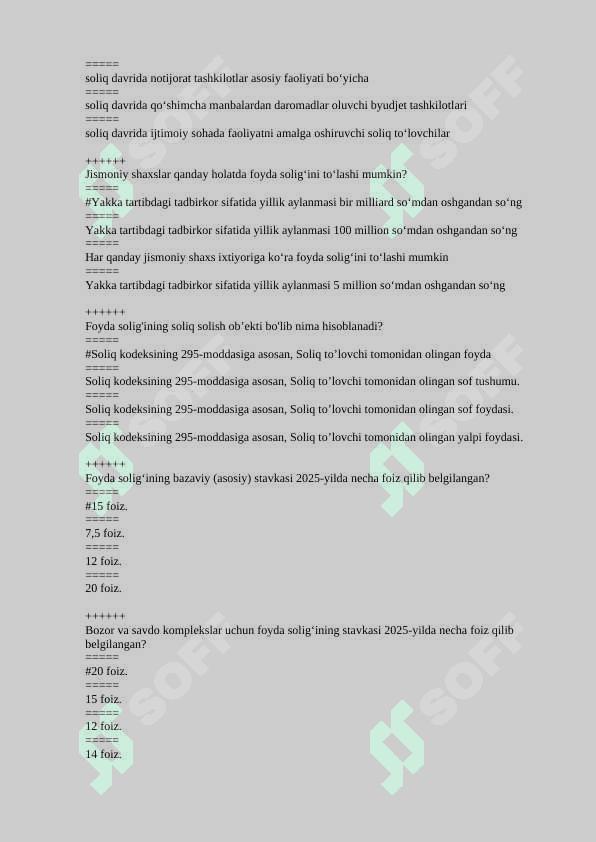 "Soliqlar va soliqqa tortish" fanidan test 2025 javobi bilan 8