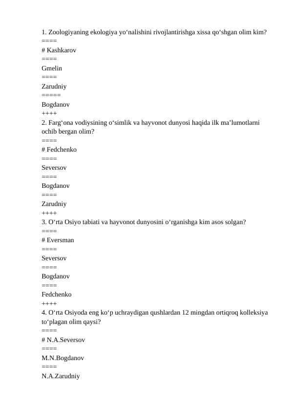 O'zbekiston  hayvonot olami test savollari javoblari bilan